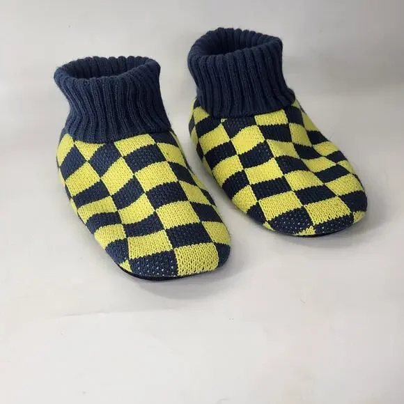 Free People Faux Fur Sleepover Booties 7 Socks Blue Yellow Checkered Cozy - Picture 2 of 9
